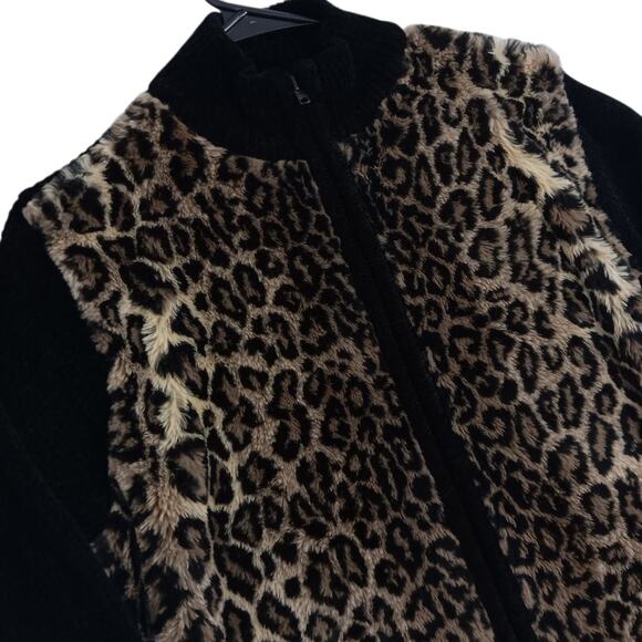 Lisa International Vintage Sherpa Sweater Womens Small Black Leopard Full Zip - Picture 1 of 13